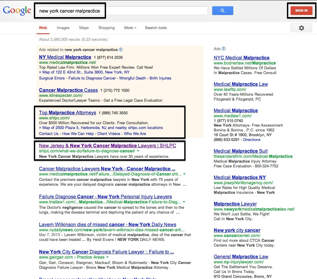 Top Google Placement for 'New York Cancer Malpractice'